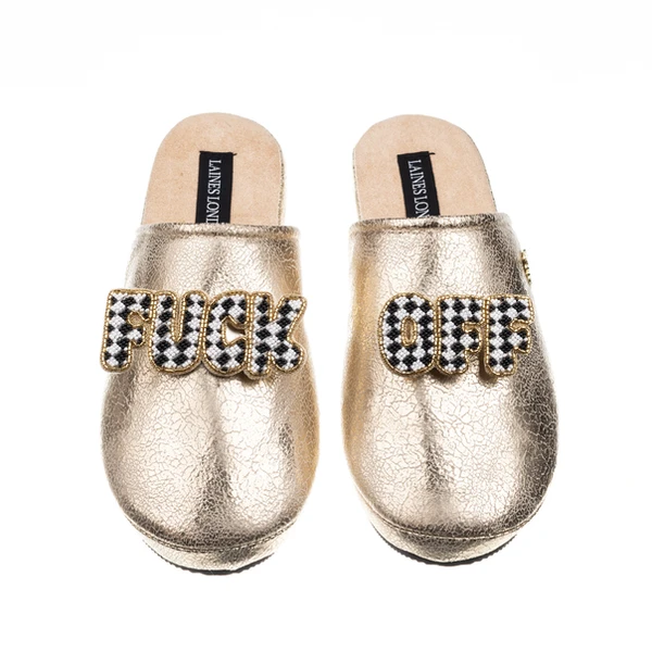 laines london Laines London Gold Softie Slippers With Chequered Fuck Off Brooches