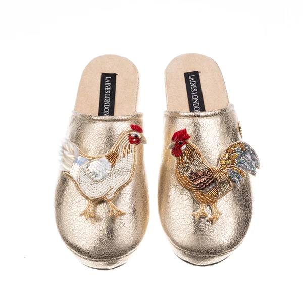 Laines London Laines London Gold Softie Slippers With Chicken & Rooster Brooches