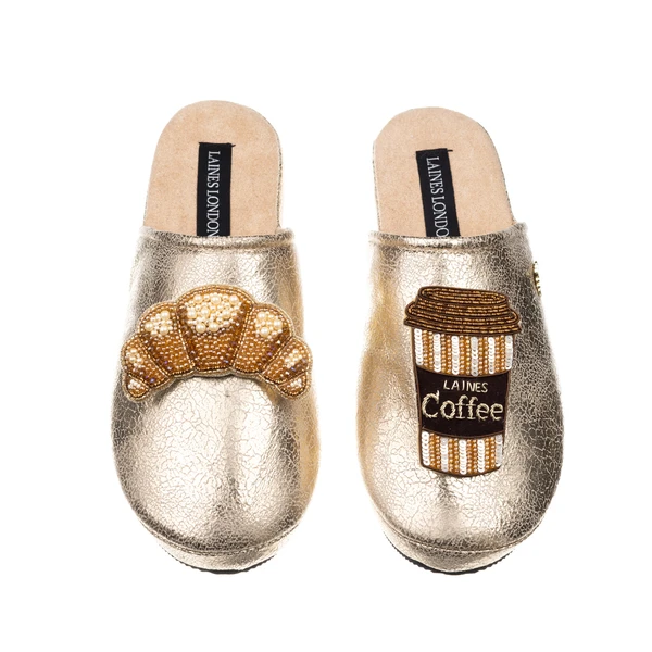 laines london Laines London Gold Softie Slippers With Coffee & Croissant Brooches