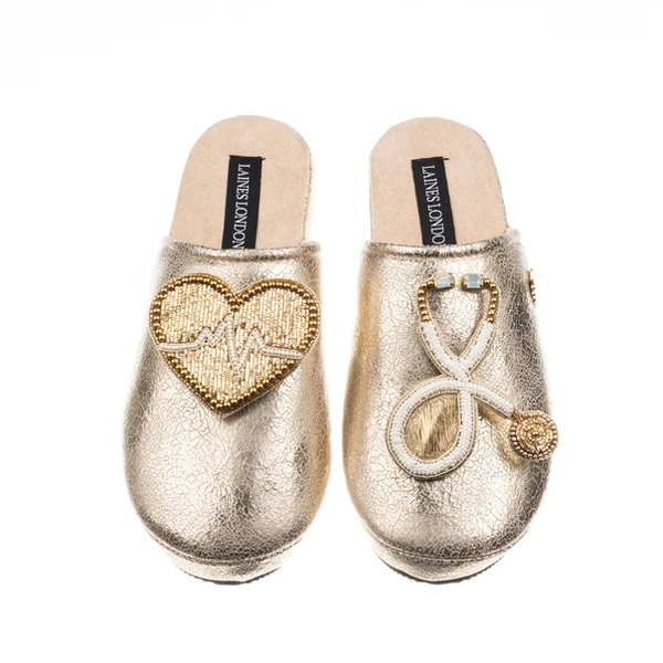 Laines London Laines London Gold Softie Slippers With Doctor Brooches