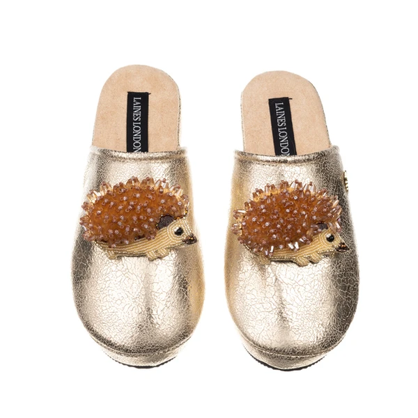 laines london Laines London Gold Softie Slippers With Double Hedgehog Brooches