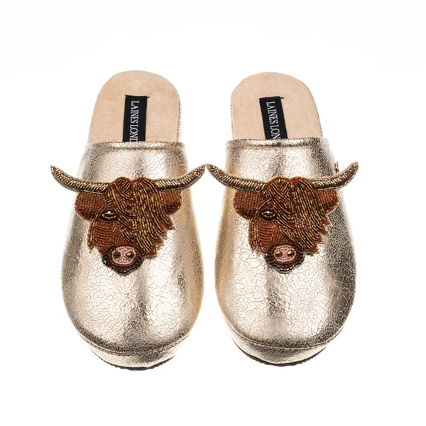 laines london Laines London Gold Softie Slippers With Double Highland Cow Brooches