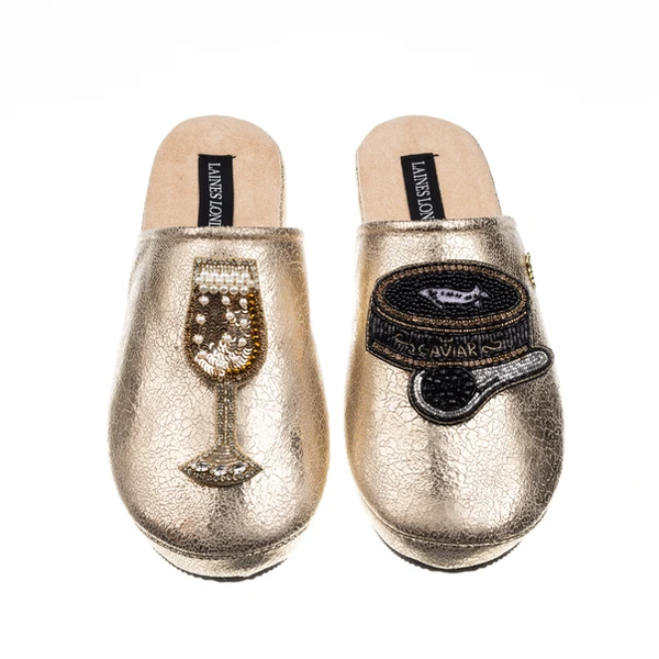 laines london Laines London Gold Softie Slippers With Glass Of Champagne & Caviar Brooches
