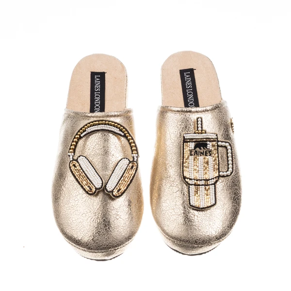 laines london Laines London Gold Softie Slippers With Headphones & Quencher Brooches