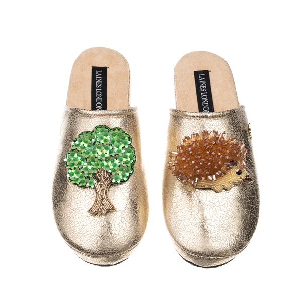 Laines London Laines London Gold Softie Slippers With Hedgehog & Oak Tree Brooches