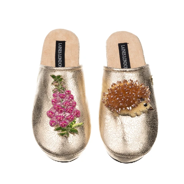 laines london Laines London Gold Softie Slippers With Hedgehog & Pink Foxglove Brooches