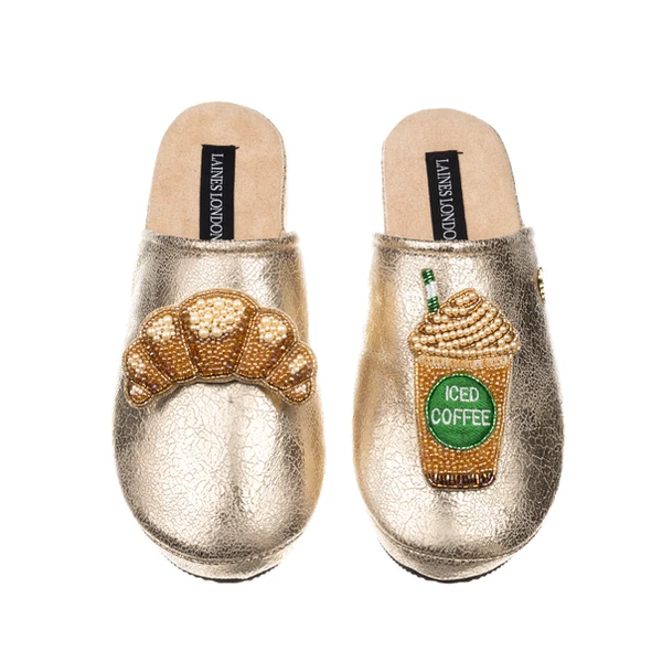 Laines London Laines London Gold Softie Slippers With Iced Coffee & Croissant Brooches