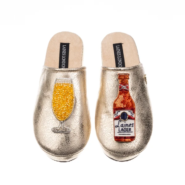 Laines London Laines London Gold Softie Slippers With Laines American Lager Brooches