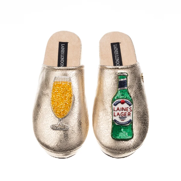 Laines London Laines London Gold Softie Slippers With Laines Italian Lager Brooches