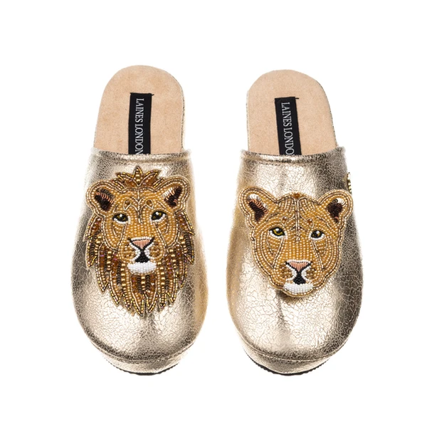 laines london Laines London Gold Softie Slippers With Lion & Lioness Brooches