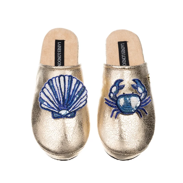 Laines London Laines London Gold Softie Slippers With Mediterranean Blue Shell & Crab Brooches