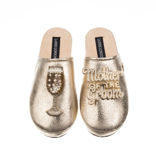 Laines London Laines London Gold Softie Slippers With Mother Of The Groom Brooches