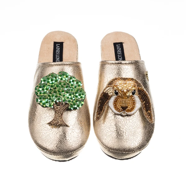 Laines London Laines London Gold Softie Slippers With Oak Tree & Bunny Brooches