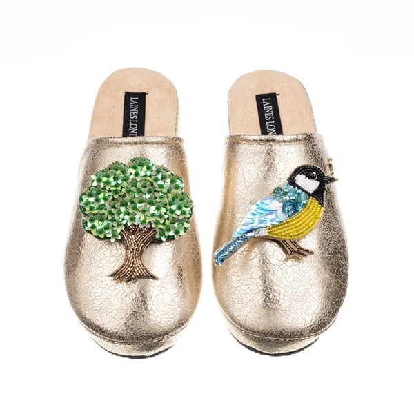 laines london Laines London Gold Softie Slippers With Oak Tree & Blue Tit Brooches
