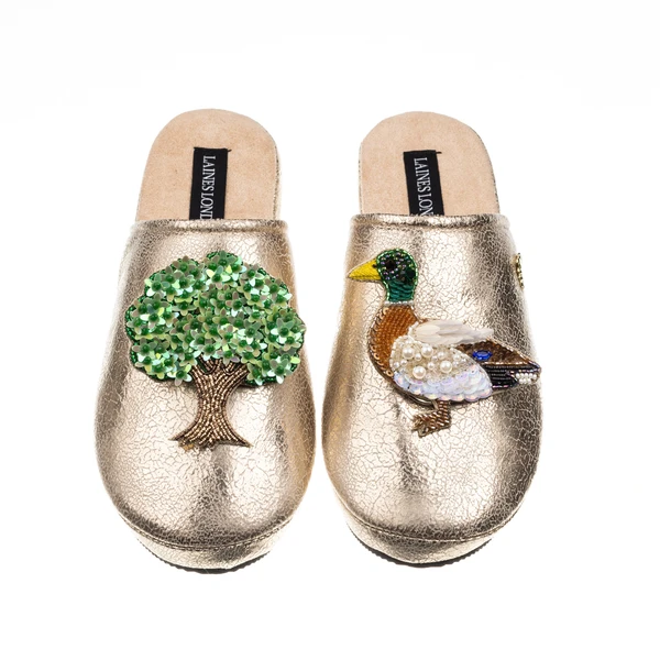 laines london Laines London Gold Softie Slippers With Oak Tree & Duck Brooches