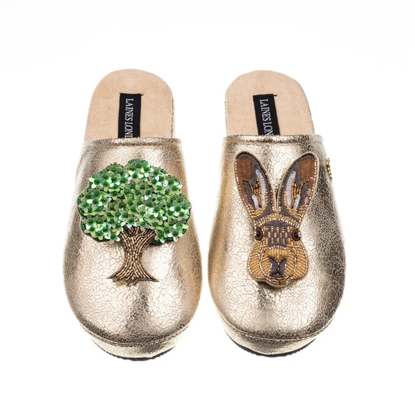 Laines London Laines London Gold Softie Slippers With Oak Tree & Hare Brooch