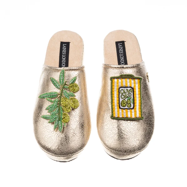 Laines London Laines London Gold Softie Slippers With Olives & Olive Oil Brooches