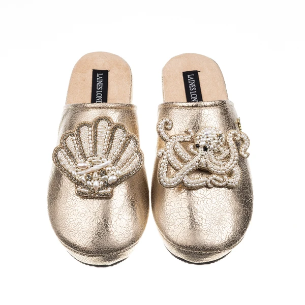 laines london Laines London Gold Softie Slippers With Pearl Shell & Octopus Brooches