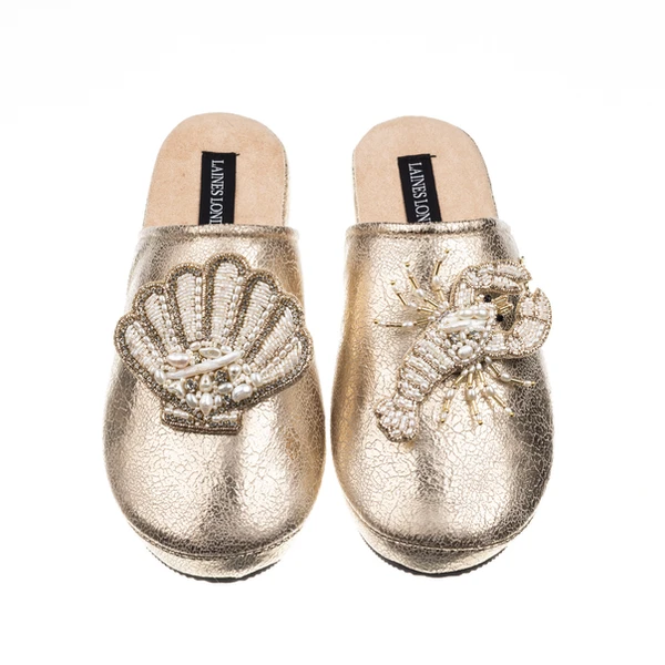 laines london Laines London Gold Softie Slippers With Pearl Shell & Lobster Brooches