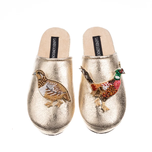 Laines London Laines London Gold Softie Slippers With Pheasant & Hen Brooches