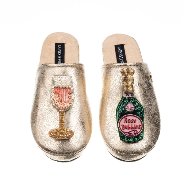 Laines London Laines London Gold Softie Slippers With Pink Champagne Brooches