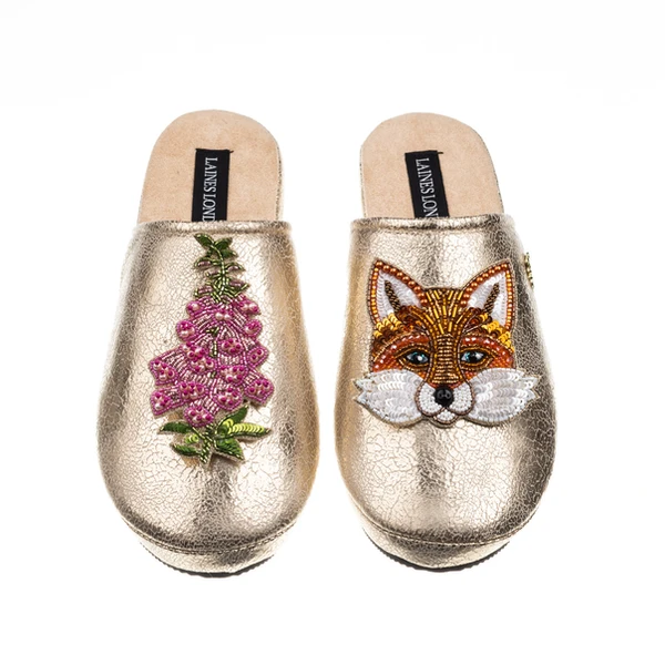 laines london Laines London Gold Softie Slippers With Pink Foxglove Flowers & Fox Brooches