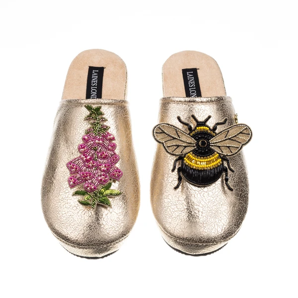 laines london Laines London Gold Softie Slippers With Pink Foxglove Flowers & Honey Bee Brooch