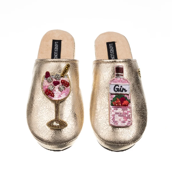 Laines London Laines London Gold Softie Slippers With Pink Gin Brooches