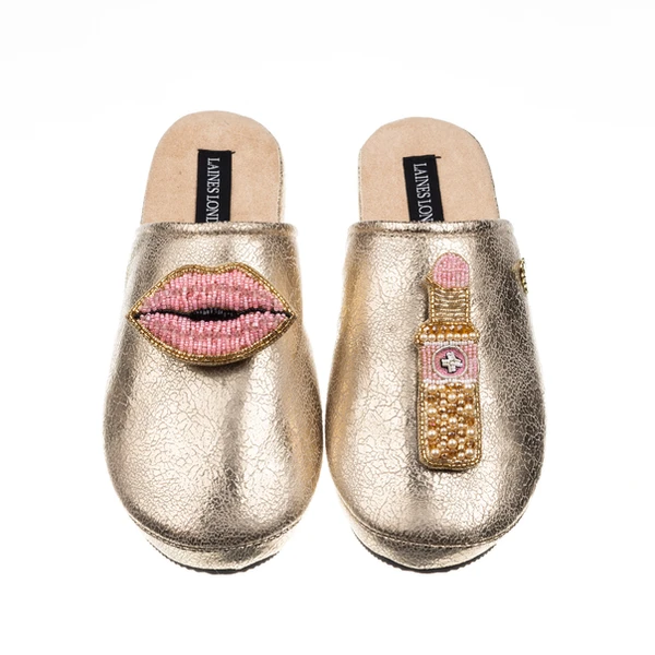 laines london Laines London Gold Softie Slippers With Pink Lipstick & Lips Brooches
