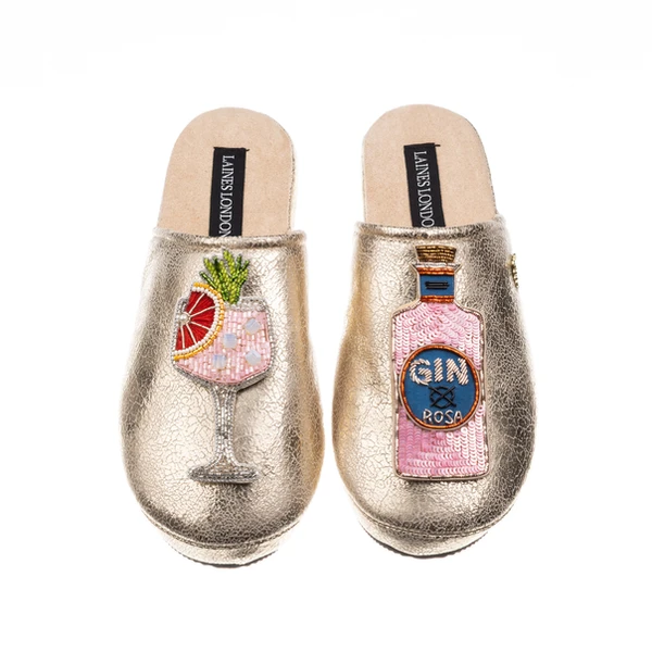 Laines London Laines London Gold Softie Slippers With Pink Rosa & Grapefruit Gin Brooches