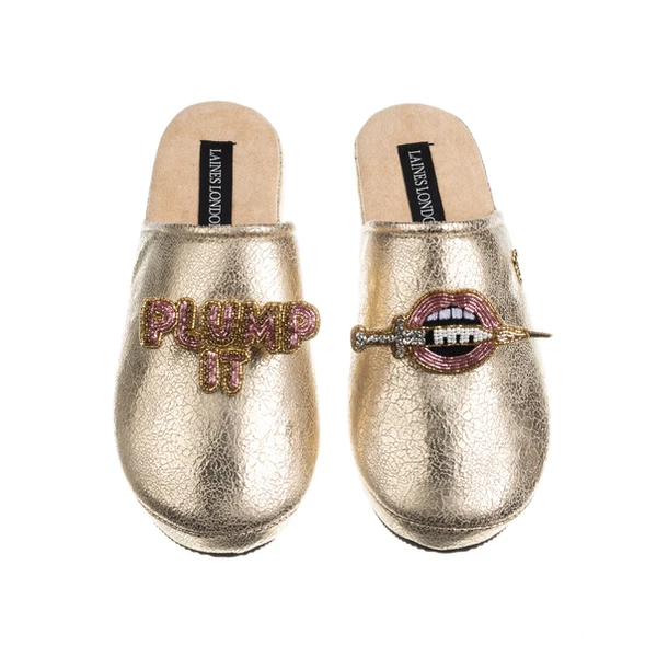 laines london Laines London Gold Softie Slippers With Plump It Pout Brooches