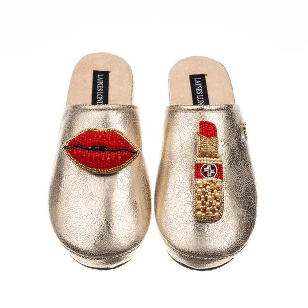 Laines London Laines London Gold Softie Slippers With Red Lipstick & Lips Brooches