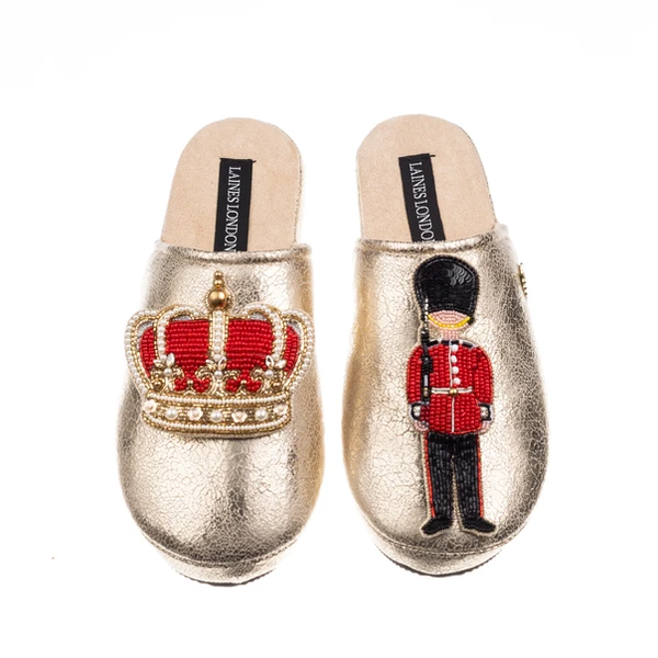 laines london Laines London Gold Softie Slippers With Royal Crown & Grenadier Guard Brooches