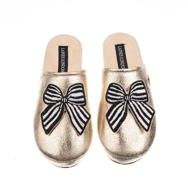 laines london Laines London Gold Softie Slippers With Stripe Black Bow Brooches