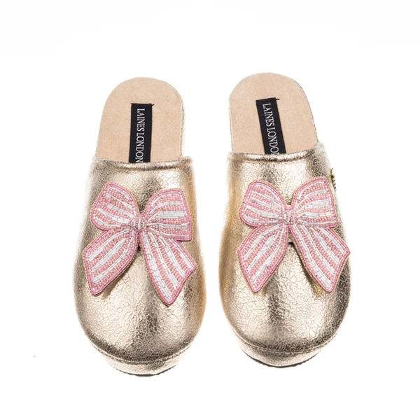 Laines London Laines London Gold Softie Slippers With Stripe Pink Bow Brooches