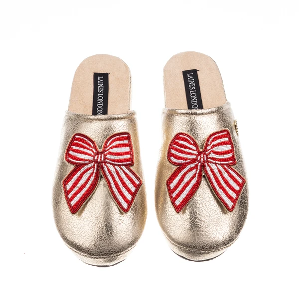 Laines London Laines London Gold Softie Slippers With Stripe Red Bow Brooches