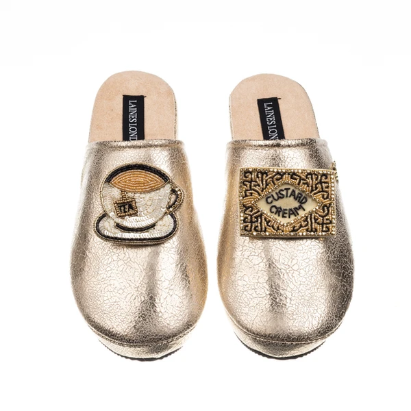 Laines London Laines London Gold Softie Slippers With Tea & Biscuit Brooches