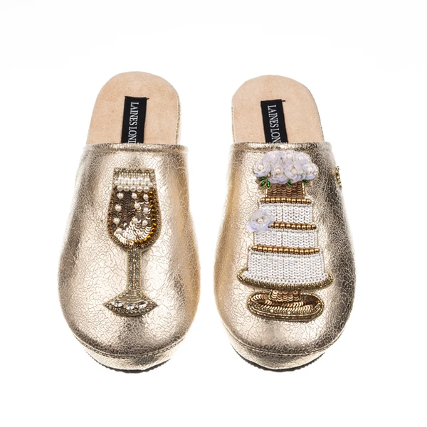 Laines London Laines London Gold Softie Slippers With Wedding Cake & Champers Brooches