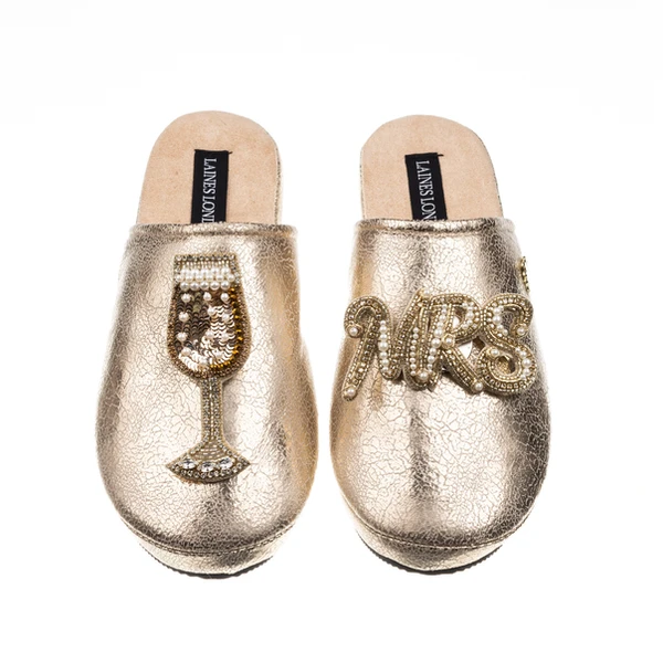 Laines London Laines London Gold Softie Slippers With Wedding Champers & Mrs Brooches