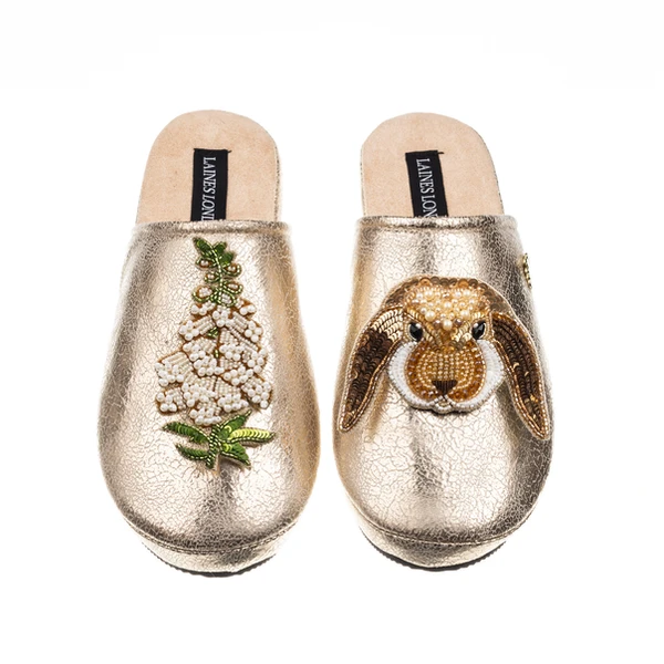 Laines London Laines London Gold Softie Slippers With White Foxglove Flowers & Bunny Brooches