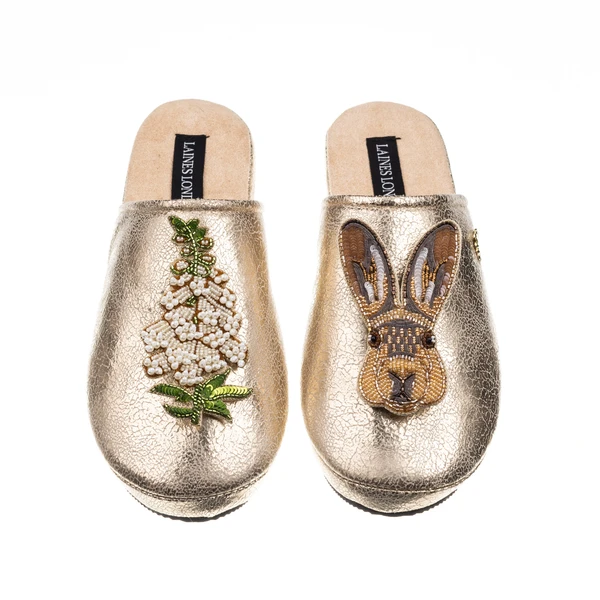 laines london Laines London Gold Softie Slippers With White Foxglove Flowers & Hare Brooches