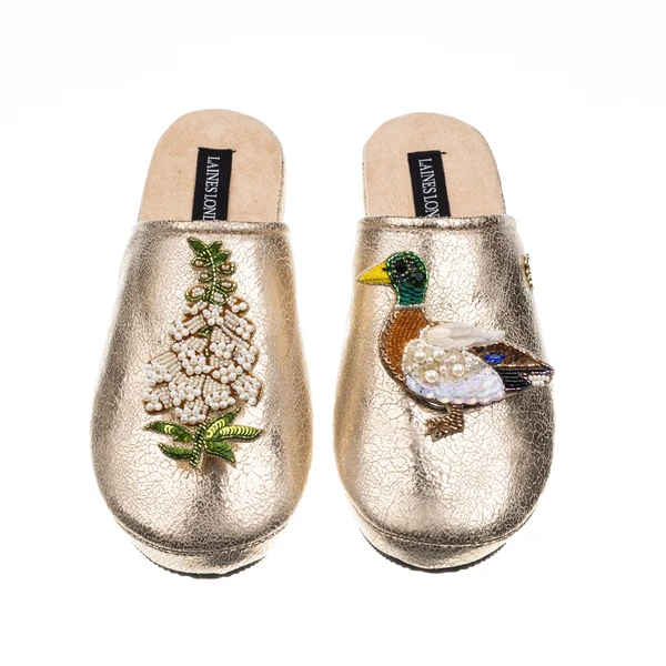 laines london Laines London Gold Softie Slippers With White Foxglove Flowers & Duck Brooches