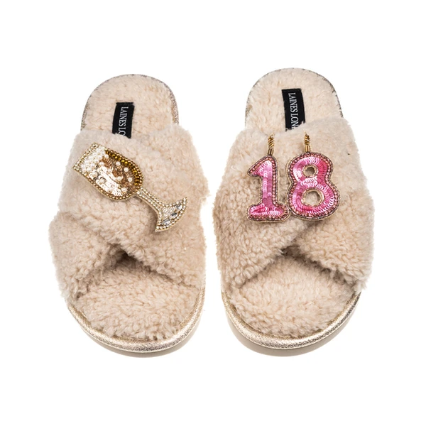Laines London Laines Neutral Boucle Slippers With 18TH Birthday & Champers Brooches