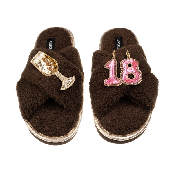 Laines London Laines Neutral Boucle Slippers With 18TH Birthday & Champers Brooches