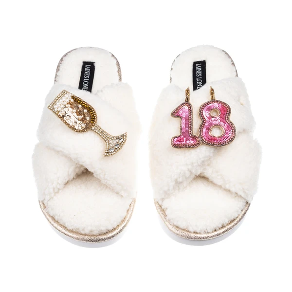 Laines London Laines Neutral Boucle Slippers With 18TH Birthday & Champers Brooches