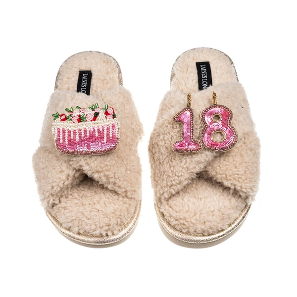Laines London Laines Neutral Boucle Slippers With 18TH Birthday & Cake Brooches