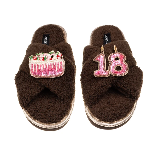 Laines London Laines Neutral Boucle Slippers With 18TH Birthday & Cake Brooches