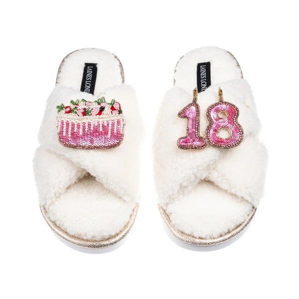 Laines London Laines Neutral Boucle Slippers With 18TH Birthday & Cake Brooches
