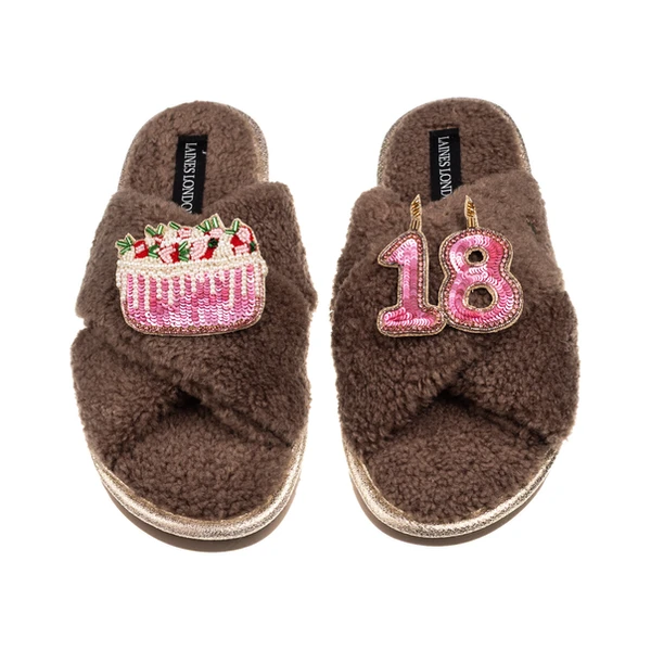 laines london Laines Neutral Boucle Slippers With 18TH Birthday & Cake Brooches