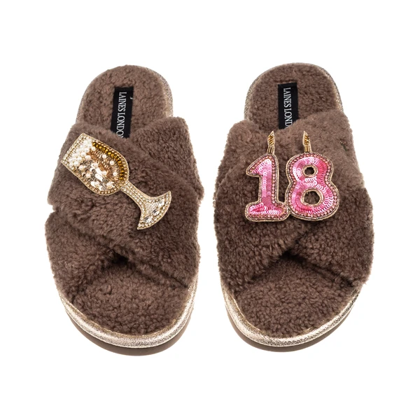 laines london Laines Neutral Boucle Slippers With 18TH Birthday & Champers Brooches